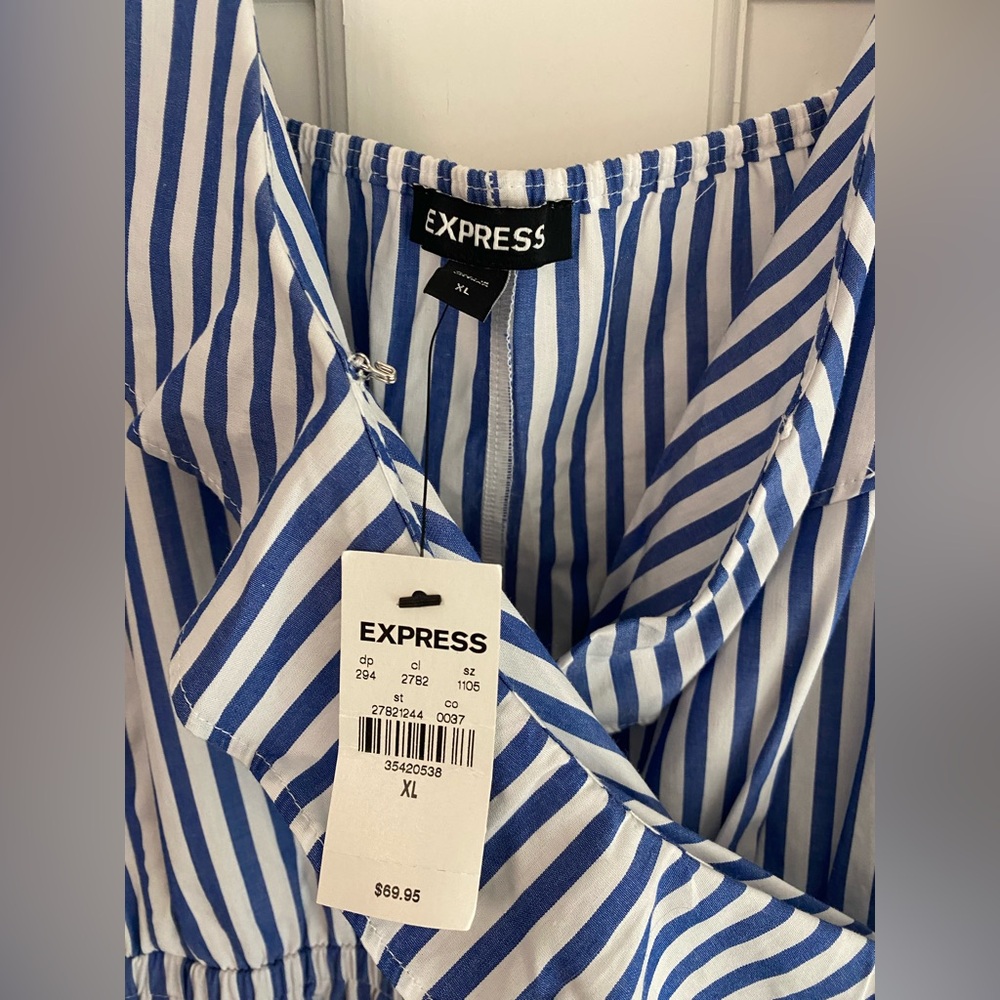 Express Blue & White Striped Ruffle Wrap Spaghetti Strap Cotton Dress NWT XL M - Picture 4 of 9